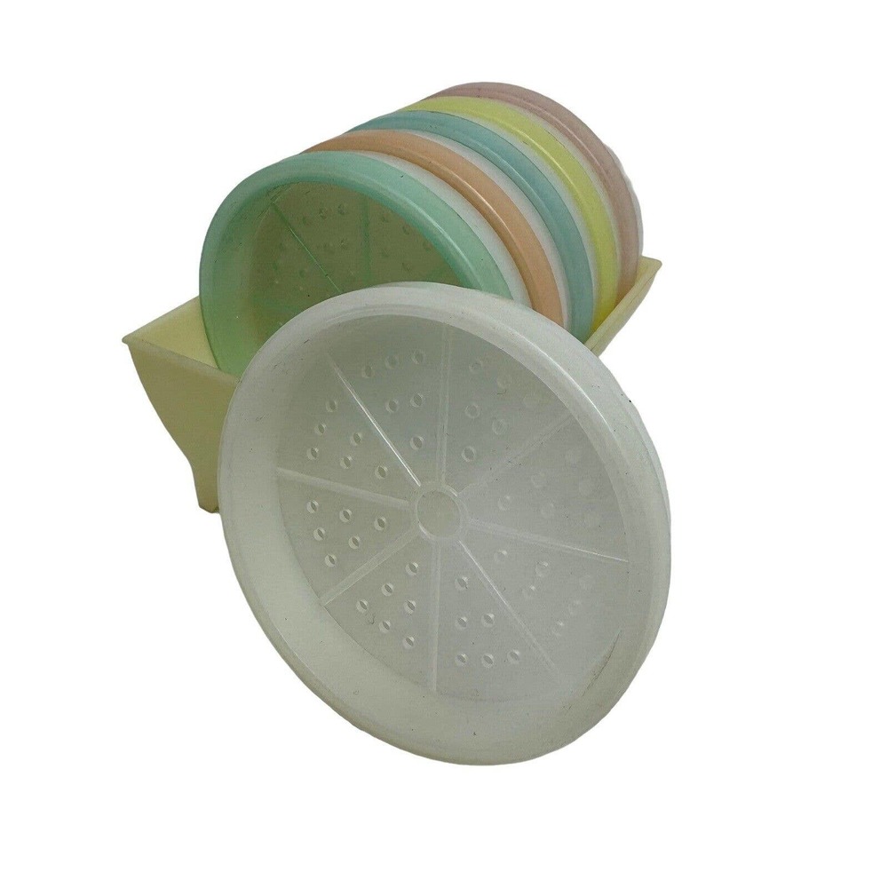 Vintage Tupperware Pastel Coasters Set With Holder Caddy
